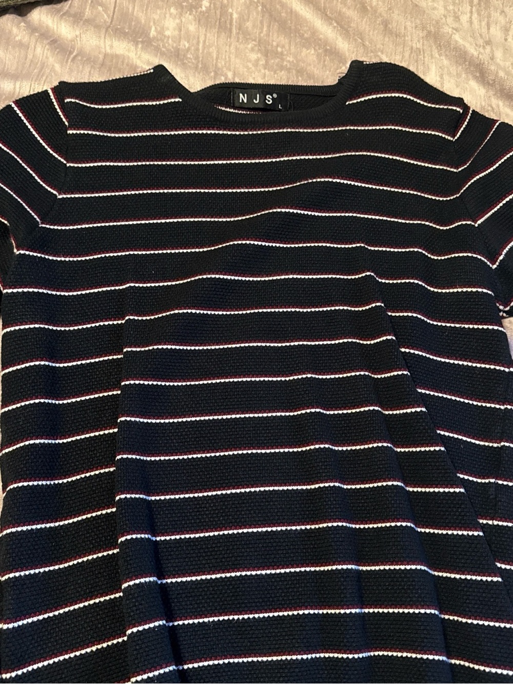 NJS Women’s Black Crewneck Sweater with White & Red Stripes